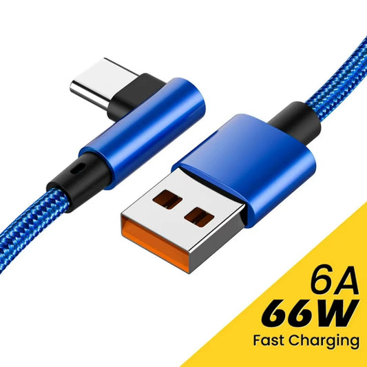 66W 6A USB C 90° Right Angle Cable for Xiaomi Fast Charging Cord for Honor Huawei Oneplus Realme Angled Data Wire Nylon